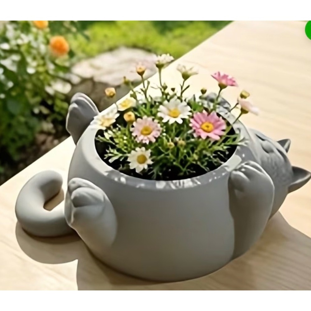 Cat Shaped Planter Pot Grey Small Whimsical Animal New
